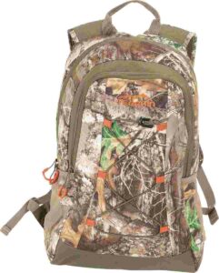 Camo backpack with multiple compartments and straps.