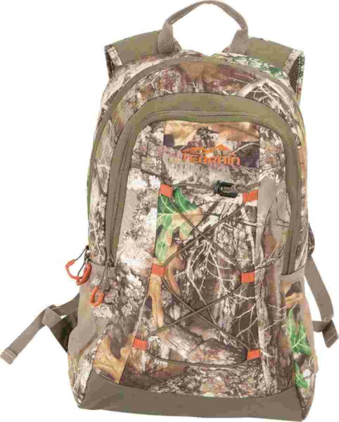 Camo backpack with multiple compartments and straps.