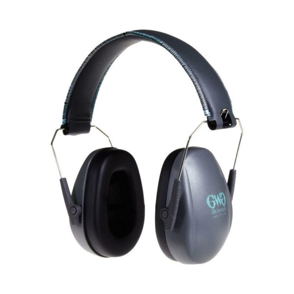 Gray soundproof earmuffs with adjustable metal headband.