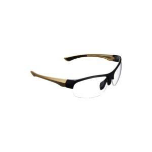 Stylish black and gold eyeglasses on white background.