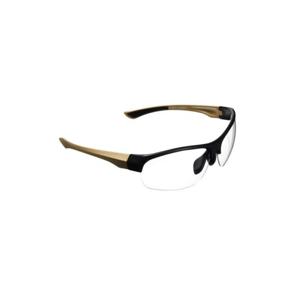Stylish black and gold eyeglasses on white background.