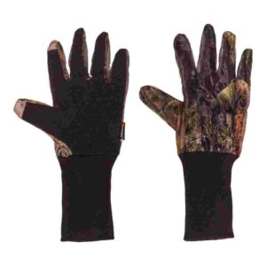 Camouflage hunting gloves with long cuffs.
