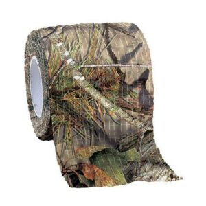 Camouflage-patterned duct tape roll on white background.