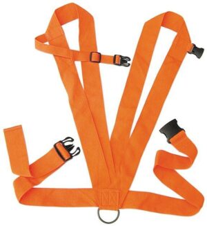 Bright orange harness with adjustable straps and buckles.