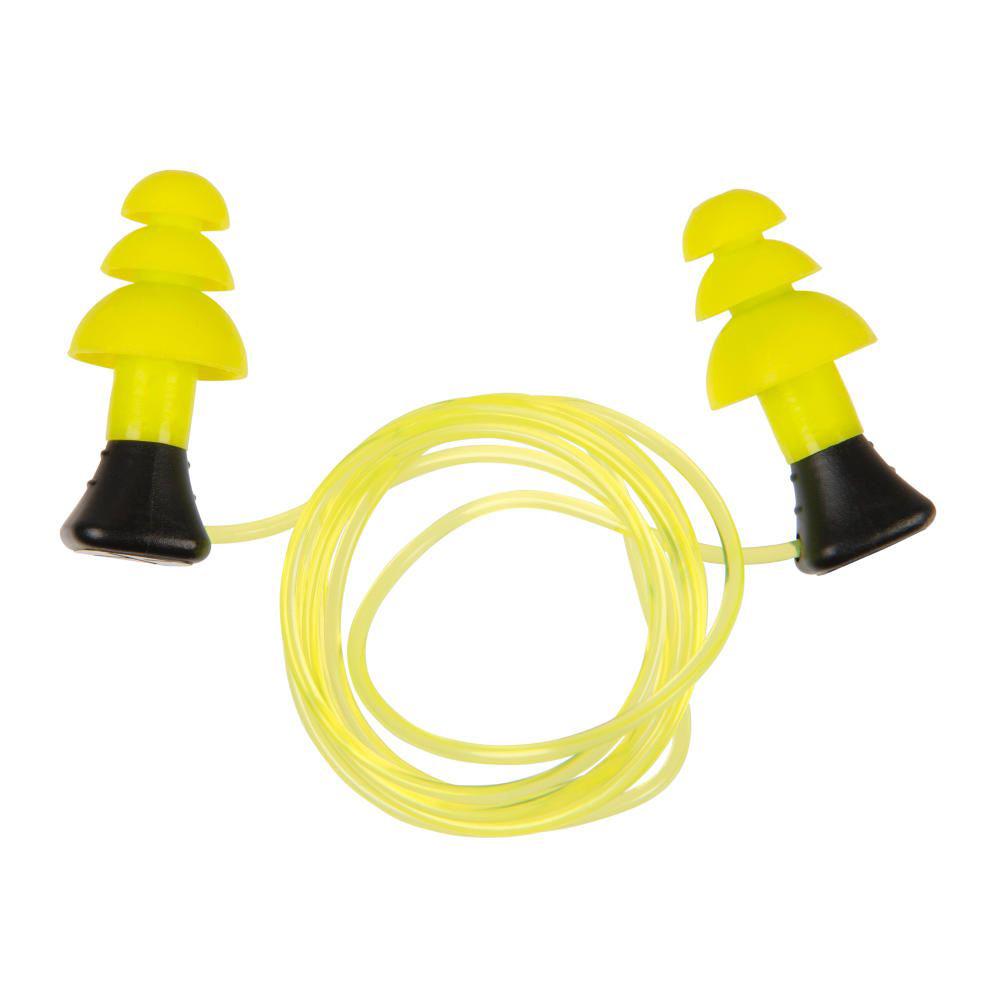 Yellow corded earplugs with black tips.