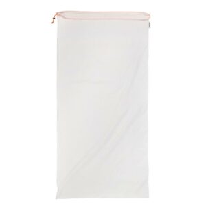White fabric sleeping bag with orange zipper.
