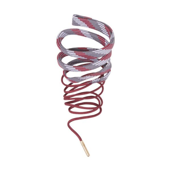 Spiral-patterned shoelace in red and gray colors.