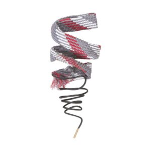 Coiled red and gray rope with metal end.