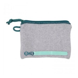 Gray fabric pouch with teal zipper