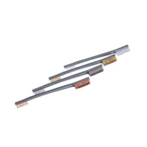 Four metallic wire brushes on white background.