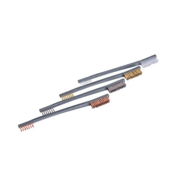 Four metallic wire brushes on white background.