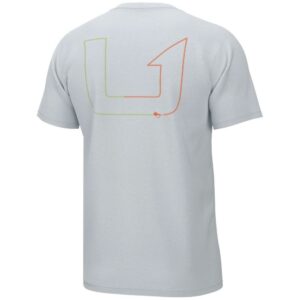 Gray t-shirt with abstract line design on back.