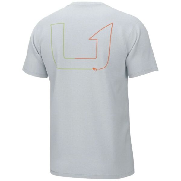 Gray t-shirt with abstract line design on back.