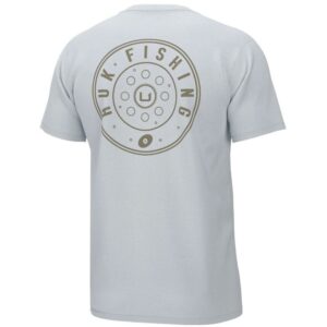 Gray T-shirt with Huk Fishing logo on back.