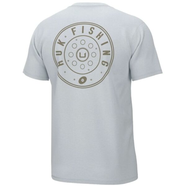 Gray T-shirt with Huk Fishing logo on back.