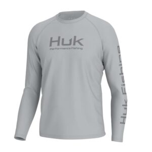 Gray long-sleeve Huk fishing shirt
