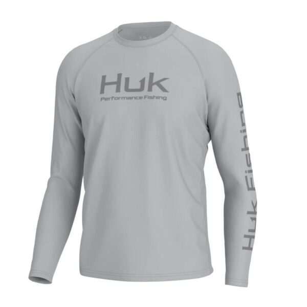 Gray long-sleeve Huk fishing shirt