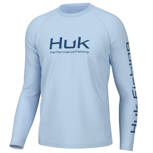 Blue fishing performance shirt with Huk branding.