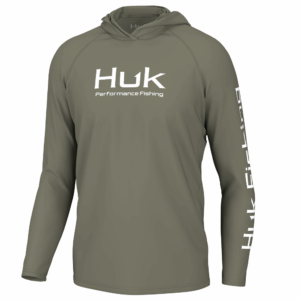 Green performance fishing hoodie by Huk.
