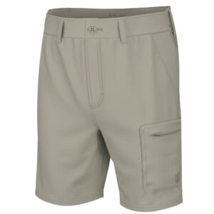 Beige cargo shorts with pocket and belt loops.