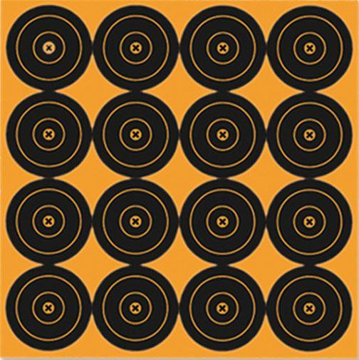 Sixteen black target circles on orange background.