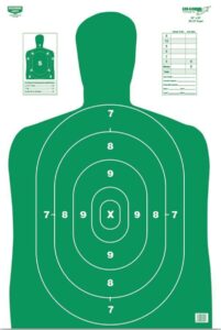 Green silhouette shooting target with scoring zones.