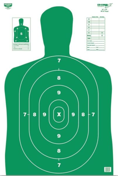 Green silhouette shooting target with scoring zones.