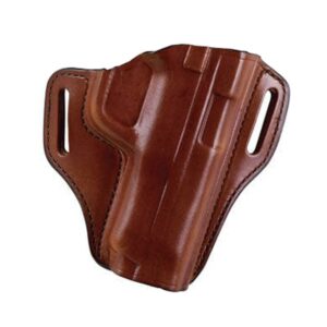Brown leather gun holster with belt loops.