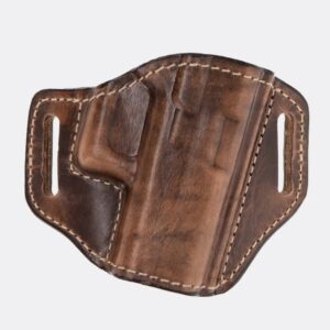 Brown leather handgun holster with stitching.