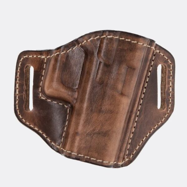 Brown leather handgun holster with stitching.