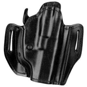 Black leather gun holster on white background.