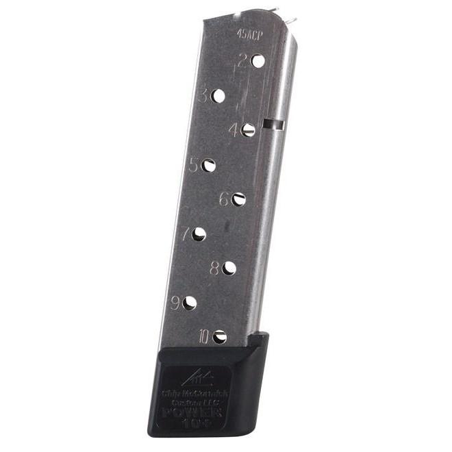 Stainless steel pistol magazine with black base.