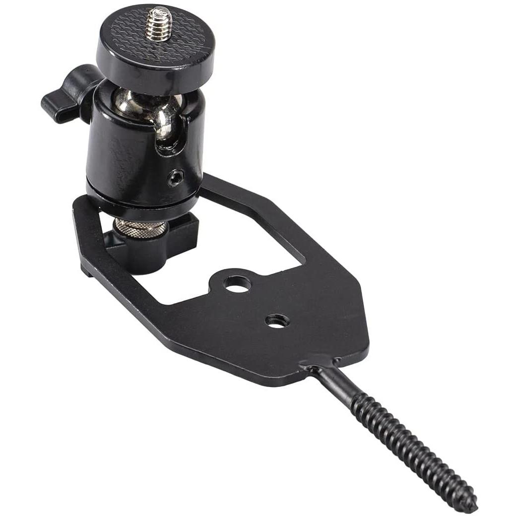 Black photography mount with adjustable swivel head.