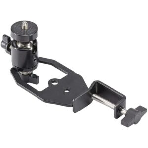 Black metal clamp with adjustable ball joint mount.