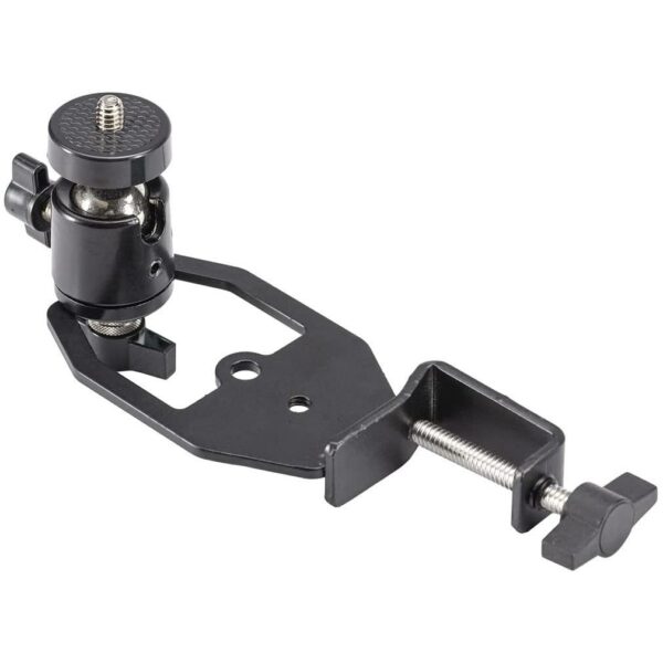 Black metal clamp with adjustable ball joint mount.