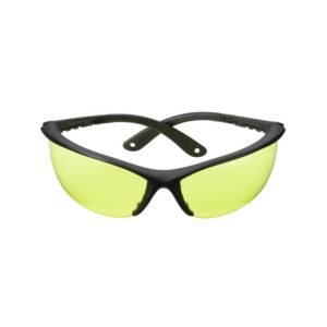 Yellow tinted safety glasses with black frame.