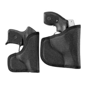 Two black pocket holsters with guns inside.