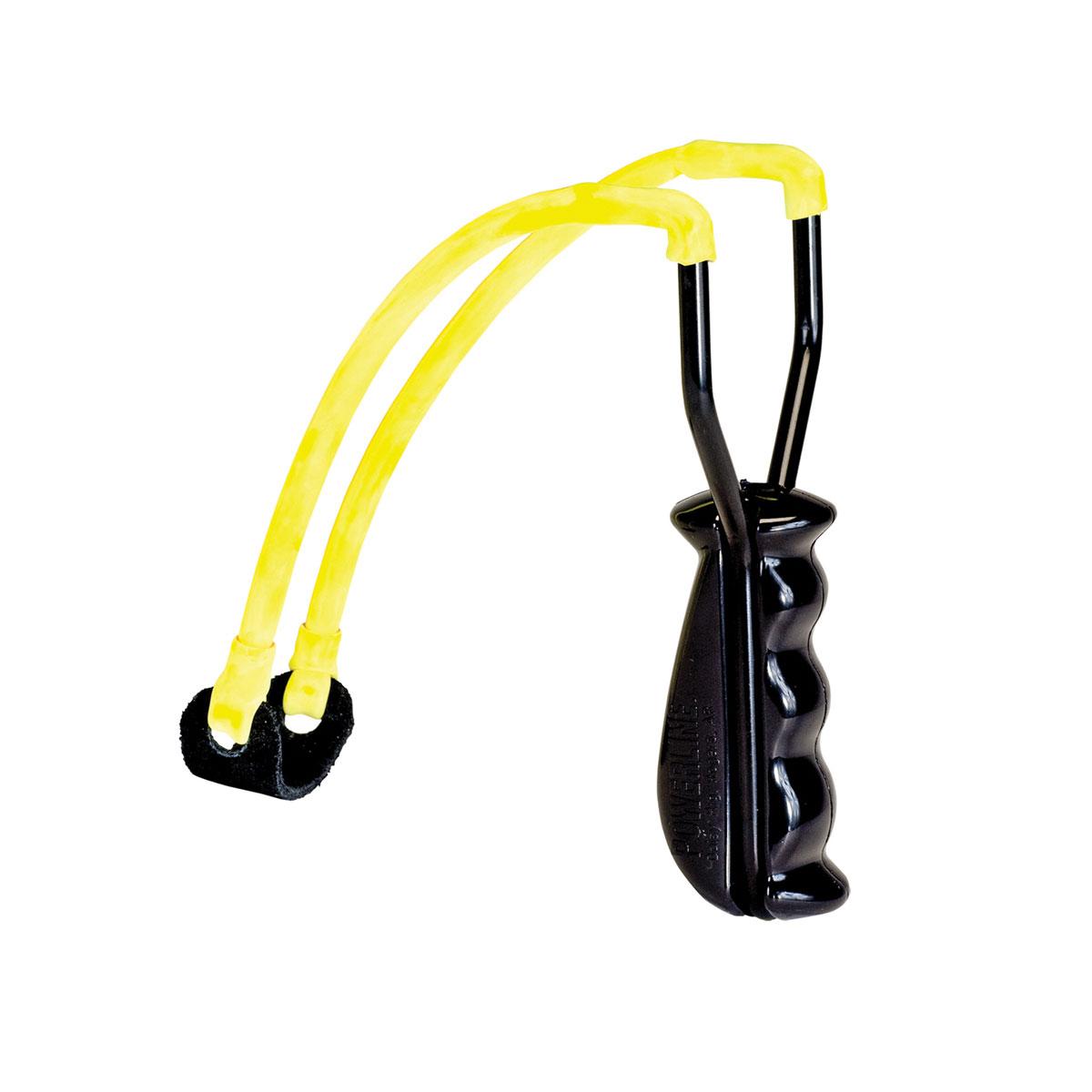 Black slingshot with yellow rubber bands.
