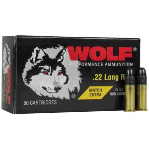 Wolf .22 Long Rifle ammunition box with bullets.
