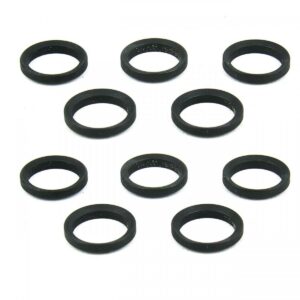 Nine black rubber O-rings on white background.