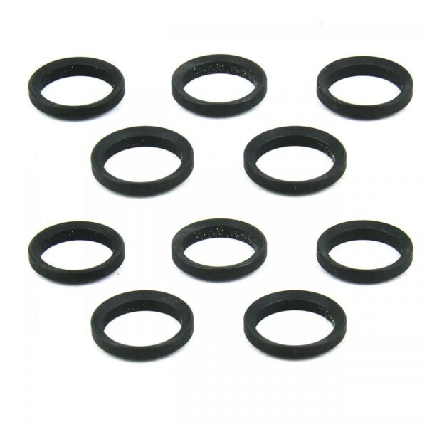 Nine black rubber O-rings on white background.
