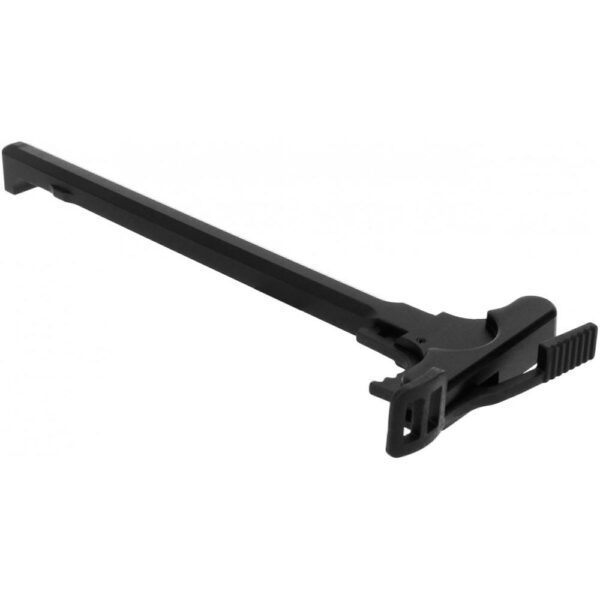 Black rifle charging handle on white background.