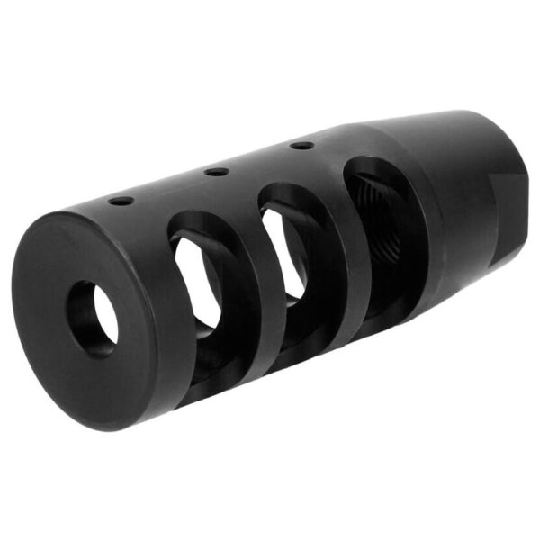 Black muzzle brake with multiple vent holes.