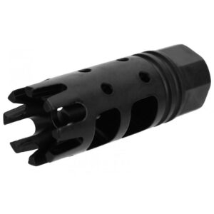 Black firearm muzzle brake attachment.
