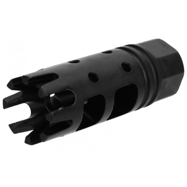 Black firearm muzzle brake attachment.