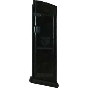 Black gun magazine with logo, upright position