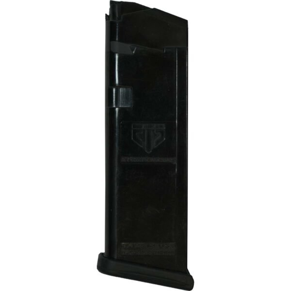 Black gun magazine with logo, upright position