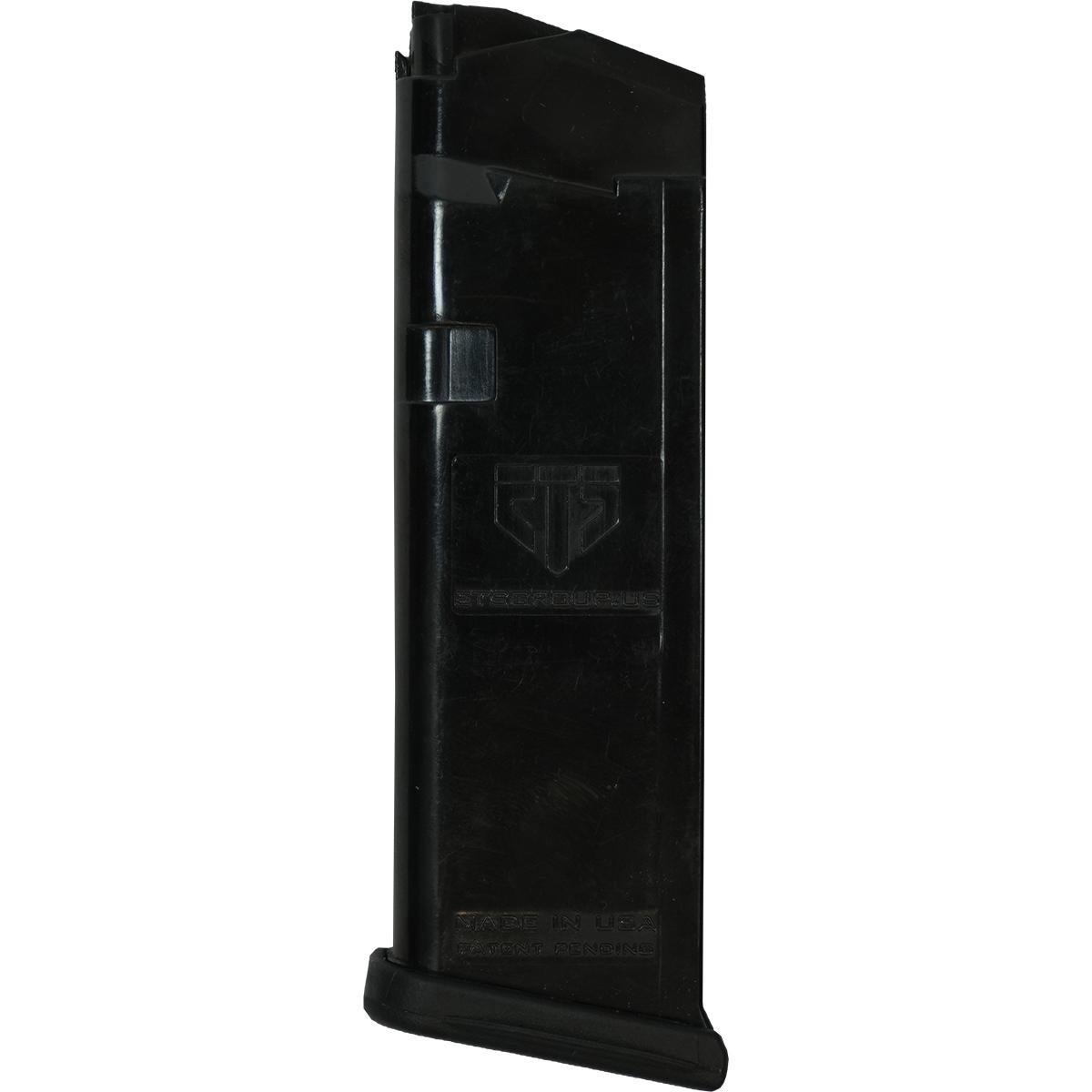 Black gun magazine with logo, upright position