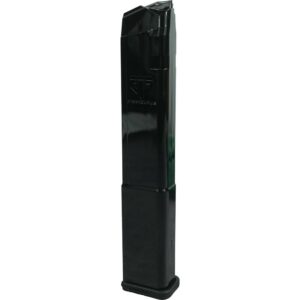 High-capacity magazine for firearms in black.