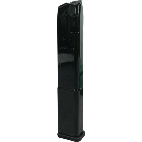 High-capacity magazine for firearms in black.